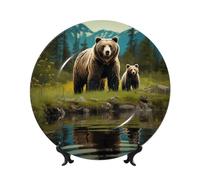TRSGKSQP 7in Bone China Decorative Plate with Display Stand, Art Porcelain Plate Hanging Ceramic Ornaments Art Crafts River Bear Mom Porcelain Dinner Plates for Home Office Wall Decor