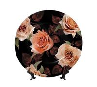 TRSGKSQP Bone China Decorative Plate Black Peach Rose Ceramic Decorative Plate with Display Stand Round Dinner Plates 10in Hanging Ceramic Ornaments Art Crafts for Office Wall Home Decor