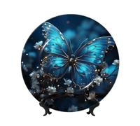 TRSGKSQP Bone China Decorative Plate Blue Butterfly and Moon Ceramic Decorative Plate with Display Stand Round Dinner Plates 6in Hanging Ceramic Ornaments Art Crafts for Office Wall Home Decor