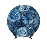 TRSGKSQP Bone China Decorative Plate Blue Rose Ceramic Decorative Plate with Display Stand Round Dinner Plates 10in Hanging Ceramic Ornaments Art Crafts for Office Wall Home Decor