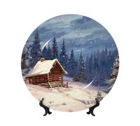 TRSGKSQP Bone China Decorative Plate Cabin in The Woods Ceramic Decorative Plate with Display Stand Round Dinner Plates 7in Hanging Ceramic Ornaments Art Crafts for Office Wall Home Decor