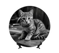 TRSGKSQP Bone China Decorative Plate Cat on Wooden Table Ceramic Decorative Plate with Display Stand Round Dinner Plates 8in Hanging Ceramic Ornaments Art Crafts for Office Wall Home Decor