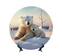 TRSGKSQP Bone China Decorative Plate Cute Polar Bears Ceramic Decorative Plate with Display Stand Round Dinner Plates 8in Hanging Ceramic Ornaments Art Crafts for Office Wall Home Decor