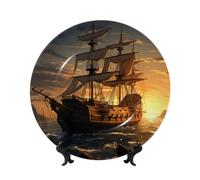 TRSGKSQP Bone China Decorative Plate Fantasy Pirate Ship Ceramic Decorative Plate with Display Stand Round Dinner Plates 10in Hanging Ceramic Ornaments Art Crafts for Office Wall Home Decor