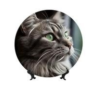 TRSGKSQP Bone China Decorative Plate Gray Cat with Green Eyes Ceramic Decorative Plate with Display Stand Round Dinner Plates 7in Hanging Ceramic Ornaments Art Crafts for Office Wall Home Decor