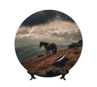 TRSGKSQP Bone China Decorative Plate Horse Grazing on The Mountain Ceramic Decorative Plate with Display Stand Round Dinner Plates 6in Hanging Ceramic Ornaments Art Crafts for Office Wall Home Decor