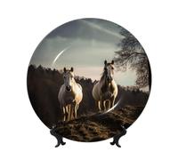 TRSGKSQP Bone China Decorative Plate Horse on Mountain Ceramic Decorative Plate with Display Stand Round Dinner Plates 7in Hanging Ceramic Ornaments Art Crafts for Office Wall Home Decor