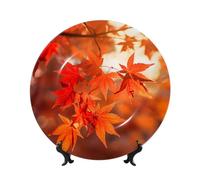 TRSGKSQP Bone China Decorative Plate Maple Leaves in The Sun Ceramic Decorative Plate with Display Stand Round Dinner Plates 8in Hanging Ceramic Ornaments Art Crafts for Office Wall Home Decor