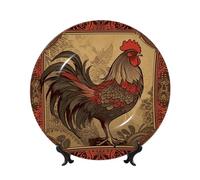 TRSGKSQP Bone China Decorative Plate Old Rooster Illustration Ceramic Decorative Plate with Display Stand Round Dinner Plates 6in Hanging Ceramic Ornaments Art Crafts for Office Wall Home Decor
