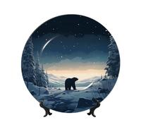 TRSGKSQP Bone China Decorative Plate Polar Bear in The Snow Ceramic Decorative Plate with Display Stand Round Dinner Plates 7in Hanging Ceramic Ornaments Art Crafts for Office Wall Home Decor