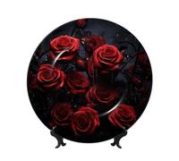 TRSGKSQP Bone China Decorative Plate Red Rose Photo Ceramic Decorative Plate with Display Stand Round Dinner Plates 10in Hanging Ceramic Ornaments Art Crafts for Office Wall Home Decor