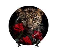 TRSGKSQP Bone China Decorative Plate Rose Leopard Ceramic Decorative Plate with Display Stand Round Dinner Plates 10in Hanging Ceramic Ornaments Art Crafts for Office Wall Home Decor