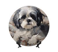 TRSGKSQP Bone China Decorative Plate Shih Tzu Ceramic Decorative Plate with Display Stand Round Dinner Plates 7in Hanging Ceramic Ornaments Art Crafts for Office Wall Home Decor