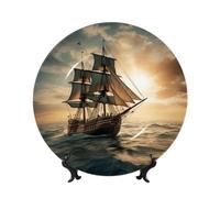 TRSGKSQP Bone China Decorative Plate Ship Sailing Alone Ceramic Decorative Plate with Display Stand Round Dinner Plates 6in Hanging Ceramic Ornaments Art Crafts for Office Wall Home Decor