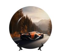 TRSGKSQP Bone China Decorative Plate Sports Car on The Road Ceramic Decorative Plate with Display Stand Round Dinner Plates 6in Hanging Ceramic Ornaments Art Crafts for Office Wall Home Decor