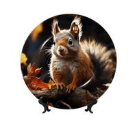 TRSGKSQP Bone China Decorative Plate Squirrel in The Woods Ceramic Decorative Plate with Display Stand Round Dinner Plates 6in Hanging Ceramic Ornaments Art Crafts for Office Wall Home Decor