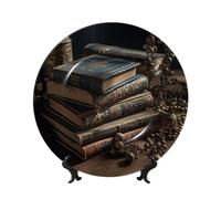 TRSGKSQP Bone China Decorative Plate Stack of Old Books Ceramic Decorative Plate with Display Stand Round Dinner Plates 6in Hanging Ceramic Ornaments Art Crafts for Office Wall Home Decor