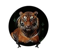 TRSGKSQP Bone China Decorative Plate with Tiger and Paws Ceramic Decorative Plate with Display Stand Round Dinner Plates 8in Hanging Ceramic Ornaments Art Crafts for Office Wall Home Decor