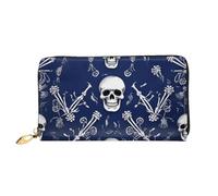 TRSGKSQP Leather Wallet for Women Men Bifold Wallet Ultra Slim Credit Card Holder Blue Skull and Bones Ladies Clutch Purse