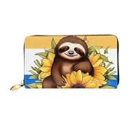 TRSGKSQP Leather Wallet for Women Men Bifold Wallet Ultra Slim Credit Card Holder Cartoon Sloth Sitting on Sunflower Ladies Clutch Purse