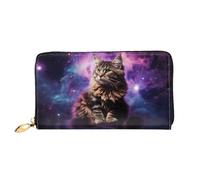 TRSGKSQP Leather Wallet for Women Men Bifold Wallet Ultra Slim Credit Card Holder Cat Sitting Inside Nebula Ladies Clutch Purse