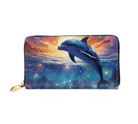 TRSGKSQP Leather Wallet for Women Men Bifold Wallet Ultra Slim Credit Card Holder Colorful Starry Sky Ocean Dolphin Ladies Clutch Purse