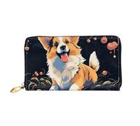 TRSGKSQP Leather Wallet for Women Men Bifold Wallet Ultra Slim Credit Card Holder Corgi Dog on Dark Background Ladies Clutch Purse