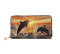 TRSGKSQP Leather Wallet for Women Men Bifold Wallet Ultra Slim Credit Card Holder Dolphins Jumping Out of The Water at Sunset Ladies Clutch Purse