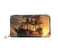 TRSGKSQP Leather Wallet for Women Men Bifold Wallet Ultra Slim Credit Card Holder Fantasy Pirate Ship Ladies Clutch Purse