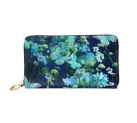 TRSGKSQP Leather Wallet for Women Men Bifold Wallet Ultra Slim Credit Card Holder Green Butterfly and Blue Flowers Ladies Clutch Purse