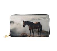 TRSGKSQP Leather Wallet for Women Men Bifold Wallet Ultra Slim Credit Card Holder Horse on a Misty Mountaintop Ladies Clutch Purse