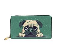 TRSGKSQP Leather Wallet for Women Men Bifold Wallet Ultra Slim Credit Card Holder Pug Green Polka Dot Ladies Clutch Purse