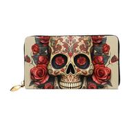 TRSGKSQP Leather Wallet for Women Men Bifold Wallet Ultra Slim Credit Card Holder Red Rose Sugar Skull Ladies Clutch Purse