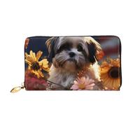 TRSGKSQP Leather Wallet for Women Men Bifold Wallet Ultra Slim Credit Card Holder Shih Tzu Dog and Flowers Ladies Clutch Purse