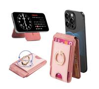 TrsmVise for Magsafe Wallet,Magnetic Card Holder for iPhone 16/15/14/13 Series,Up to 4000Gs Magnet Strength,with Adjustable Stand and Ring Grip,3 Slots,Fit 5 Cards,RFID Blocking,Vegan Leather, Pink