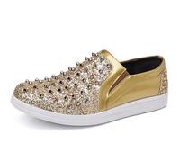 Trsorini Men's Glitter Spikes Sneakers Sparkly Shiny Light-up Shoes Metal Rivet Soft Sole Male Shoes, A/Glitter Gold, 12