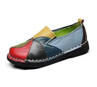Trsorini Women Casual Loafers Shoes Comfortable Multi Color Stitching Leather Slip on Shoes for Lady Soft Sole Flat Driving Walking Dress, A/Green, 3 UK