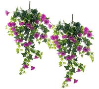 Trtanewsoo Artificial Petunia Hanging Flowers, 2 Pack UV Resistant Faux Petunias for Outdoor Planters, Realistic Silk Hanging Plants for Porch Patio Window Basket Decor, Purple, No Pot