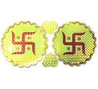TRTO 2x Round Adhesive Stickers | Bright Yellow Background with Red Swastik Design | Perfect for Pooja, Decorations
