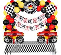 Truck Birthday Party Supplies 79 Pcs Truck Balloon Decoration Set include Red Black Yellow Truck Balloons Arch, Checkered Tablecloth, Backdrop, Banner, Monster Truck Theme Birthday Decor for Boys