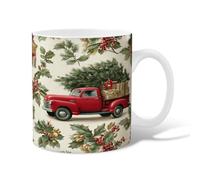 Truck Ceramic Coffee Mug, Christmas Rustic Xmas Tree Holly Red Novelty Office Drinking Cup with Handle Gift for Friendship Family Colleague Teachers Sweetheart Staff 11 Oz