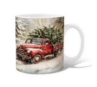 Truck Ceramic Coffee Mug, Christmas Rustic Xmas Tree Snow Red Novelty Office Drinking Cup with Handle Gift for Friends Family Co-Worker Lovers Eldership Senior 15 Oz