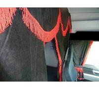 TRUCK CURTAINS FULL SET BLACK WITH RED STRINGS FIT ONLY DAF SUPER SPACE-CAB AND SCANIA TOPLINE