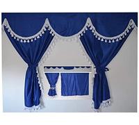 TRUCK CURTAINS FULL SET BLUE WITH WHITE TASSELS FIT ONLY DAF SUPER SPACE-CAB AND SCANIA TOPLINE