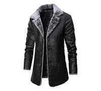 Trucker Leather Jackets Men - Sherpa Fleece Lined Trench Coats Warm Padded Jacket Casual Overcoat Notched Collar Faux Fur Outerwear Military Peacoat Windbreaker Open Front Coats With Buttons