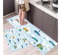 Trucks And Cars Kitchen Rugs Non Skid Washable Mats Set of 2 PCS, Cute Street Absorbent Runner Rugs for Kitchen, Front of Sink,Sink Laundry, 40x60cm+40x120cm Blue
