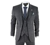 Mens Grey Tweed 3 Piece Suit Blue Check Vintage 1920s Gatsby Blinders Tailored Fit - Grey 40