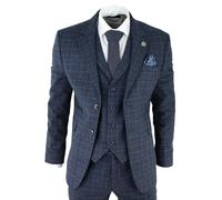 Mens Tweed 3 Piece Suit Blue Check Vintage 1920s Gatsby Blinders Tailored Fit - Blue 42