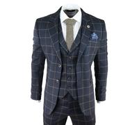 TruClothing AK-15 - Men's Blue 3 Piece Suit Tan Check Classic Wedding Prom Peaky Tweed - 48" Jacket 42" Trousers