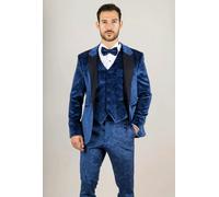Men's Suit 3 Piece Blue Velvet Paisley Shawl Collar Tailored Fit Wedding Tuxedo - Blue 46